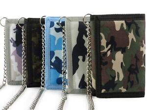 Mens Camouflage Canvas Tri-Fold Wallet with Chain & Clip