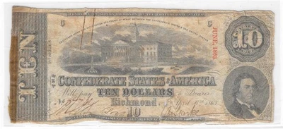 T-59 1863 $10 Confederate States of America Genuine Civil War Money RMT Hunter - Image 1 of 2