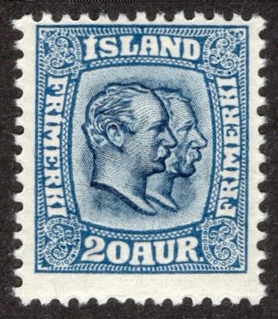 ICELAND 1907-08, SC-79, F MH* 20 aur P-13, Two Kings  scv $32.50  *Bay Stamps* - Image 1 of 2