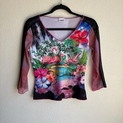 Blusa Vintage Y2K Amour Love Tropical Flamingo Malha Strass Manga Longa Tamanho 1 - Imagem 1 de 4