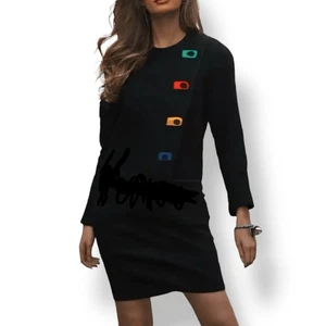 Vintage 80er Bichon schwarzes Etuikleid mehrfarbig geometrische Knöpfe Langarm 6 - Bild 1 von 9