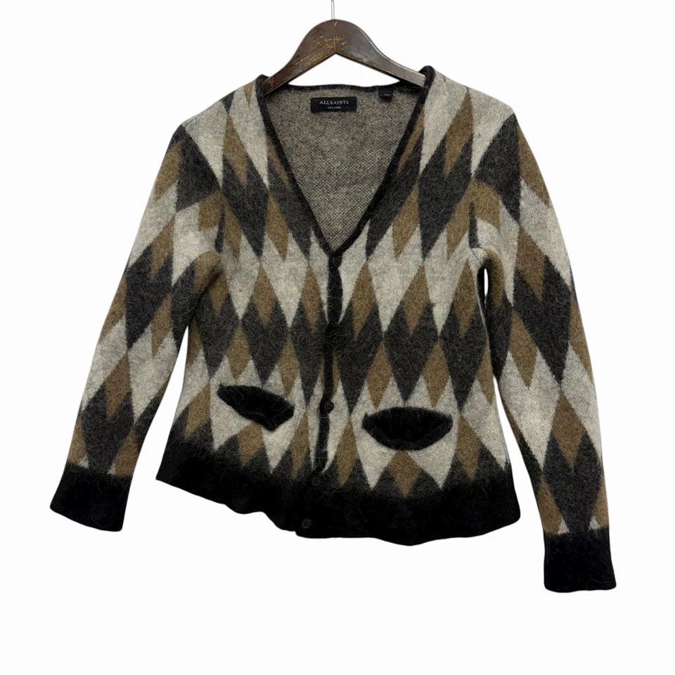Suéter cárdigan tejido Allsaints XXL negro/marrón/gris lana argyle/alpaca para mujer Foto 1 de 4