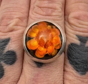 Beautiful Vintage Taxco Mexico TD-75 Sterling Silver Floral Inlay Amber Ring - Picture 1 of 15