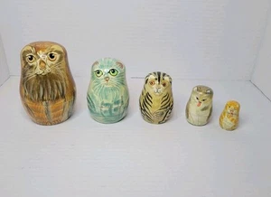 Set di 5 bambole vintage autentiche gatto in legno nido russo Matroska - Foto 1 di 12