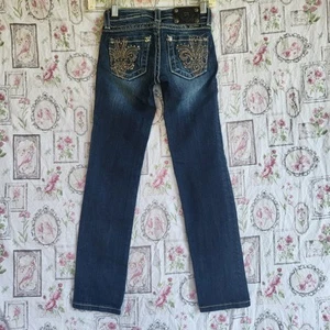 Miss Me Jeans Girls 7 Blue Denim Skinny Embellished Fleur De Lis JK5182510 - Picture 1 of 8