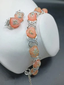 Set orecchini clip collana confetti lucite vintage thermoset pesca 17" - Foto 1 di 14