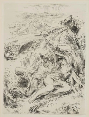 P. LEMAGNY (1905-1977), Schäferstündchen während der Ernte, Radierung Realismus - Bild 1 von 4