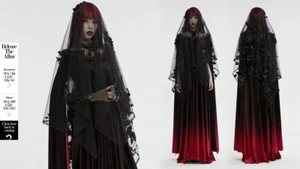 Punk Rave Women Black Gothic Bridal 3D Scattered Flower Lace Trim Mesh Veil - Picture 1 of 20