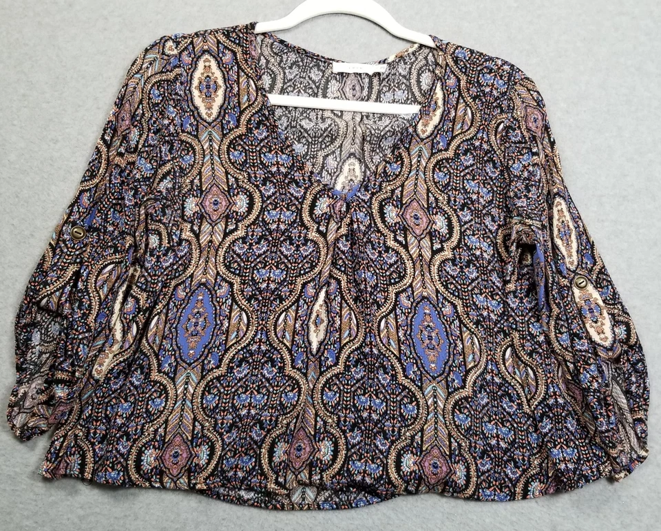 Blusa exuberante para mujer pequeña S con estampado integral manga 3/4 boho cuello en V recortado rayón Foto 1 de 4