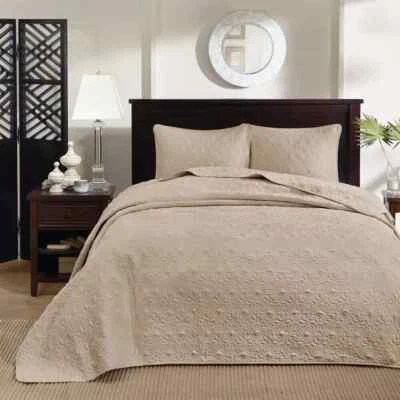 Queen Size Bedspread Set 3Pc Oversized Khaki Elegant Bedding Reversible 102x118" - Image 1 of 4