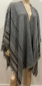 EILEEN FISHER mantello scialle avvolgente grigio marrone multicolore misto lana con frange taglia 1 - Foto 1 di 5