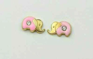 Solid 14k Yellow Gold Enamel Elephant Screw Back Stud Girls Earrings CZ Earrings - Picture 1 of 6