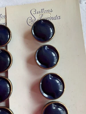 10 NAVY BLUE GLASS VINTAGE SCHWANDA BUTTONS S DESIGN GOLDTONE RIM NOS 12mm - Image 1 of 3