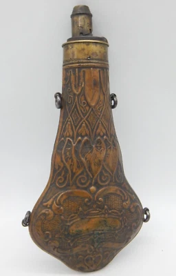 ANTIQUE G & JW HAWKSLEY VIOLIN COPPER & BRASS POWDER FLASK with LILY LEAF -TF821 - Image 1 of 4