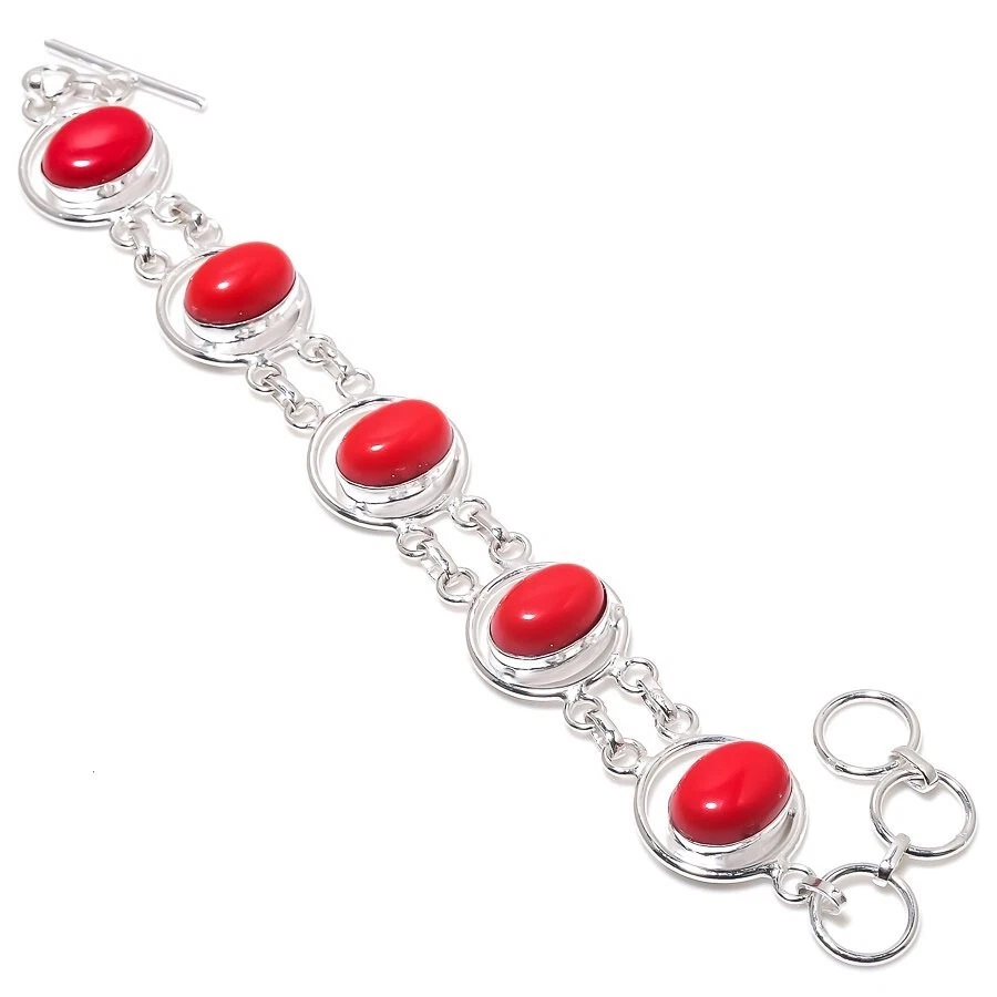 Red Coral Gemstone Handmade 925 Sterling Silver Jewelry Bracelet Size 7-8" - Изображение 1 из 1
