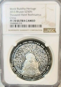 2013 BHUTAN SILVER 250 NGULTRUM THOUSAND HAND BODISATTVA NGC PF 70 ULTRA CAMEO - Picture 1 of 4