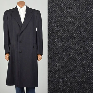 Large 1980s Dark Charcoal Grey Wool Herringbone Winter Top Coat Overcoat Classic - Picture 1 of 12