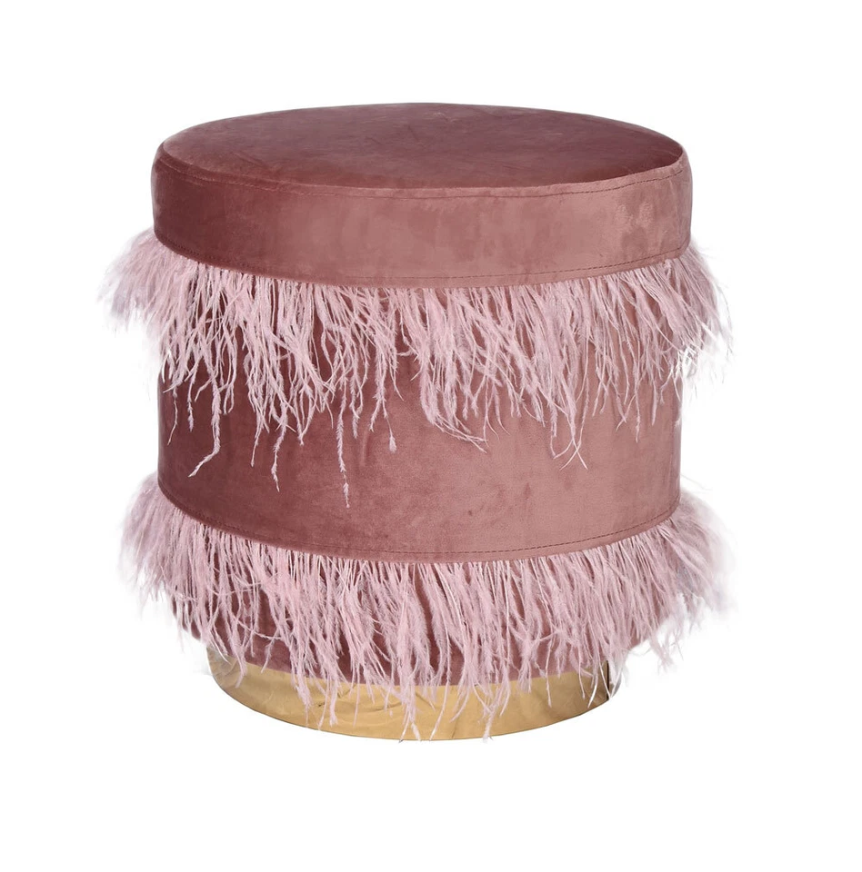 Samt Hocker Straussenfeder Pouf Sitzhocker Sitzwürfel Art Deco Bank Metallring - Bild 1 von 4