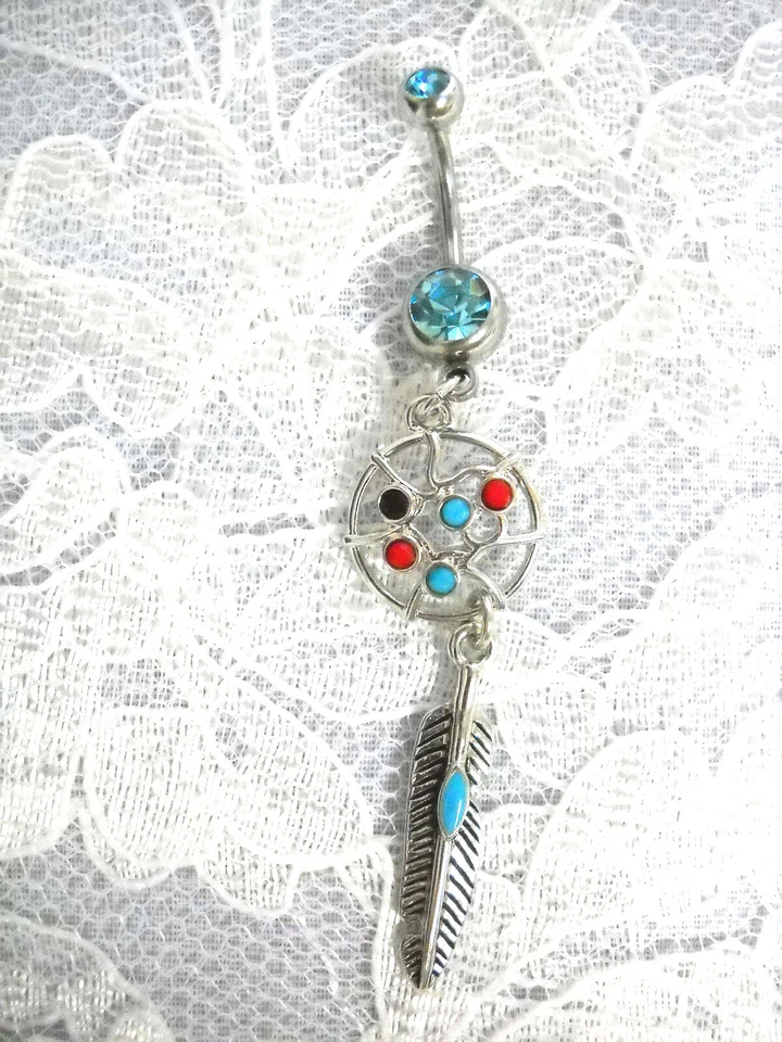 WEB DREAM CATCHER MULTI DOT DANGLING FEATHER 14g TURQUOISE BLUE CZ BELLY RING - Image 1 of 1