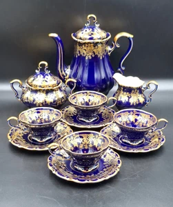 Vintage Lindner Bavaria Tea Coffee Set 11piec Echt Cobalt Paint Gold Germany 80s - Picture 1 of 9