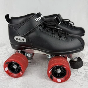 Riedell Dart Quad Rollschuhe Größe 3 schwarz PVC und rote Rollen *braucht Schnürsenkel - Bild 1 von 16