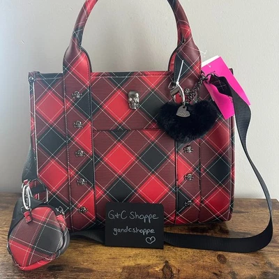 Nuevo Betsey Johnson Navidad Cuadros Calavera Rojo Negro Bolso Bandolera Bolso de Mano Gótico Foto 1 de 4