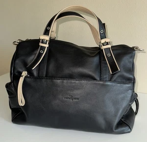 Bruno Rossi Handtasche Umhängetasche schwarz beige Borte 2-farbig weiches Leder Italy - Bild 1 von 17