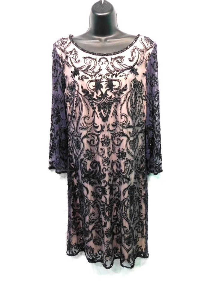 Vestido Pisarro Nights Talla 10 Púrpura Negro Cuentas Bordado Funda Cachicho Foto 1 de 4