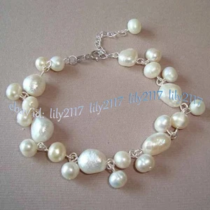 Fashion 7-14mm Natural Irregular White Freshwater Baroque Pearl Beads Bracelet - Picture 1 of 6