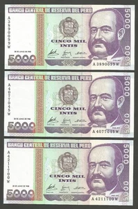 Perù 5000 Intis 28.6.1988; UNC; P-137; Ammiraglio; Pescatori; Lotto di 3 pezzi - Foto 1 di 2