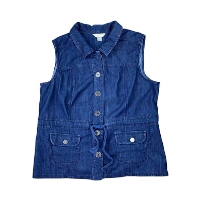 Christopher And Banks Womans Denim Jean Button Up Vest Size PXL Belted Pockets - Image 1 of 3