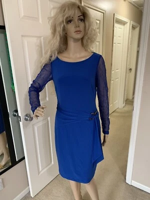 VESTIDO DE COLECCIÓN AÑOS 80 AZUL MANGA TRANSPARENTE ELÁSTICO FIESTA CÓCTEL CARRERA FORMAL VERANO Foto 1 de 4