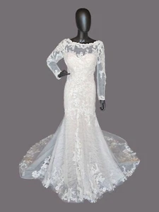 Blush Illusion Boat Neck Long Sleeve Fit/Flare Lace Wedding Gown- Stella Couture - Picture 1 of 16