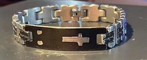 Edelstahl poliert und schwarz Kohlefaser Inlay Kreuz Armband 8" - Bild 1 von 3