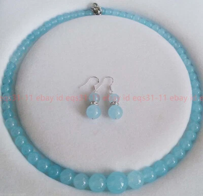 Beautiful 6-14mm Blue Aquamarine Round Gems Beads Necklace Earrings Set 18 Inch - Image 1 of 4