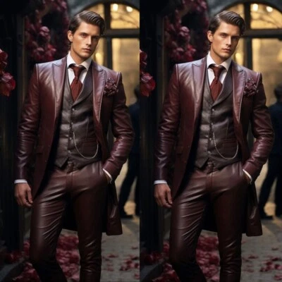 Burgundy Leather Men's Suits Casual Wedding Party Prom Tuxedos Long Coat Pants - Image 1 of 4
