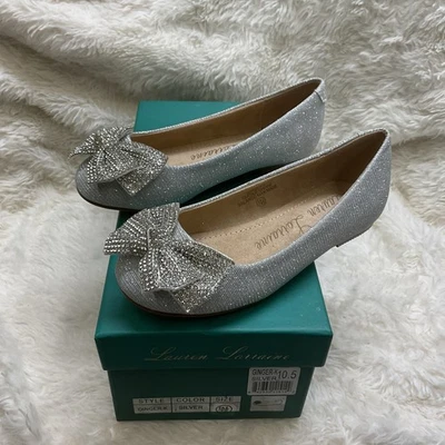 lauren lorraine Ginger-K Silver Flat Rhinestone Bow Flat Girls 10.5 US - Image 1 of 4