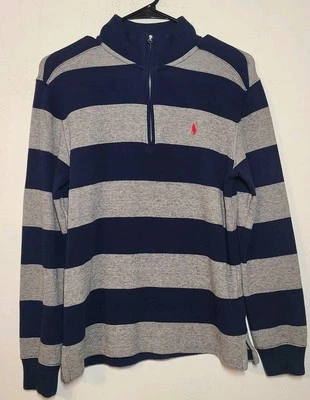 Polo Ralph Lauren Boys Pullover Sweater LG 14-16 Gray Navy 1/4 Zip Stripe Long - Image 1 of 4