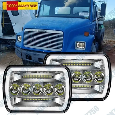 For Freightliner FL60 FL70 FL80 MT45 2PC Black 7x6 LED Rectangle Headlights Turn - Image 1 of 4