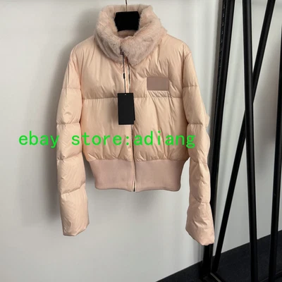 Chaqueta de plumón de pato manga larga cuello alto cuello piel desmontable abrigo corto mujer Foto 1 de 4