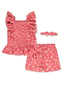 Real Love Girls' 3-Piece Daisy Shorts Set Outfit Color: peach Size: 10 - 12 - Picture 1 of 1