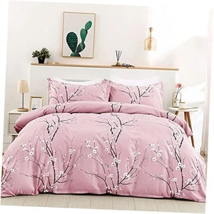 Floral Duvet Cover Set Double Flower Plum Blossom Printed Comforter Queen Pink - Picture 1 of 7
