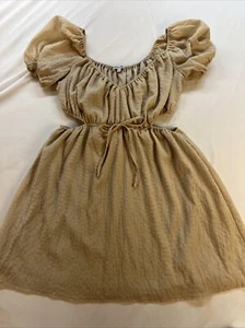 Mimi Chica Womens Beige Mini Lined Dress Puffy Short Sleeve Size XL With A Bow - Picture 1 of 22