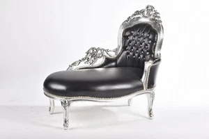 Dormeuse chaise longue in legno foglia argento eco-pelle nera e gemme - Foto 1 di 6
