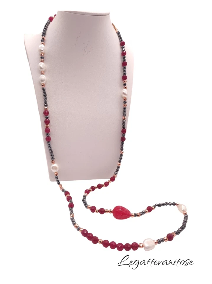 Collana Donna Lunga Perle pietre dure naturali e Argento 925 Rosé. Collana Lunga - Immagine 1 di 4