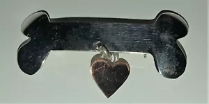 Silver Tone Dog Bone Pin with Dangling Rose Colored Metal Heart Mexico - Picture 1 of 4
