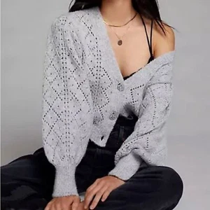 NEW Anthropologie XS Pointelle Puff Sleeves Jewel Buttons V-Neck Cardigan Gray - Picture 1 of 13