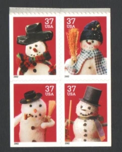 Unused US Postage Block of 37 Cent Stamps Christmas SNOWMEN - Picture 1 of 2