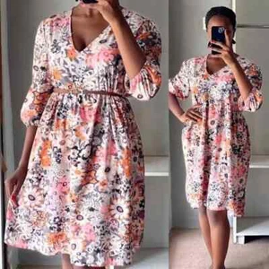 Floral Babydoll Retro Scoop Neck 3/4 Sleeve Mini Dress Size Small - Picture 1 of 9