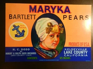 VINTAGE MARYKA BARTLETT PEARS UNUSED LABEL. 11" X 7 1/4" - Picture 1 of 1
